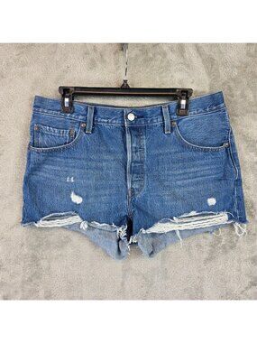 Levis 501 Shorts Womens 32 Blue Denim Button Fly Distressed Raw Hem Bermuda